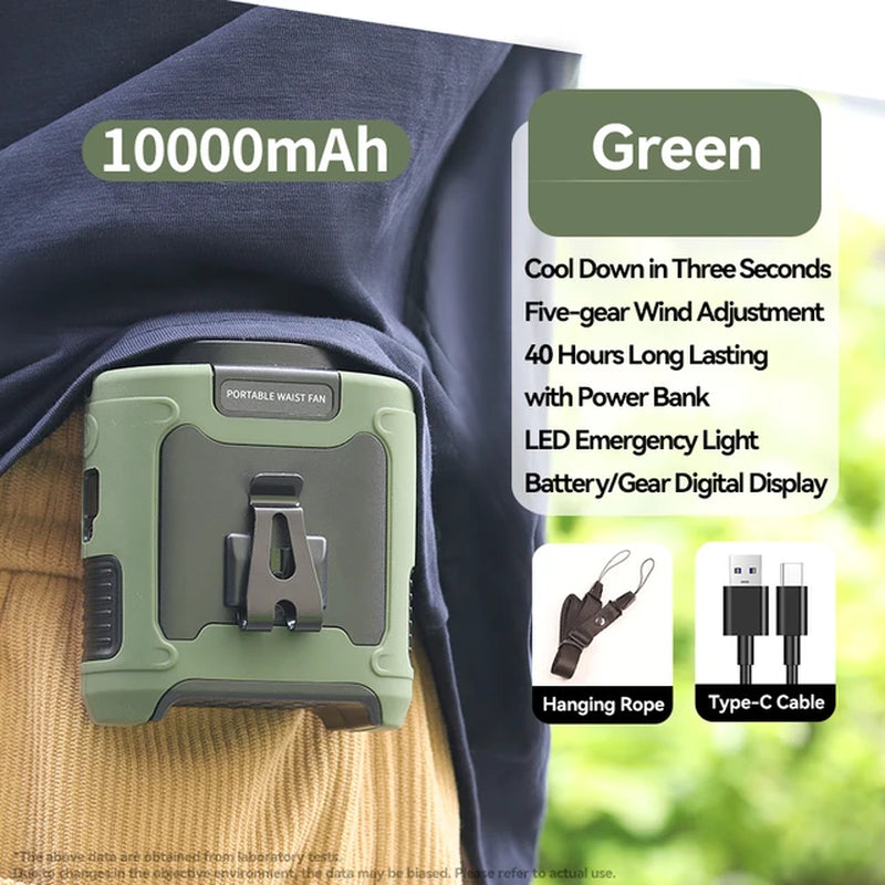 10000Mah Outdoor Portable Waist Fan Hanging Neck Fan Strong Wind with Power Bank LED Lighting for Sports Courier Outdoor Working