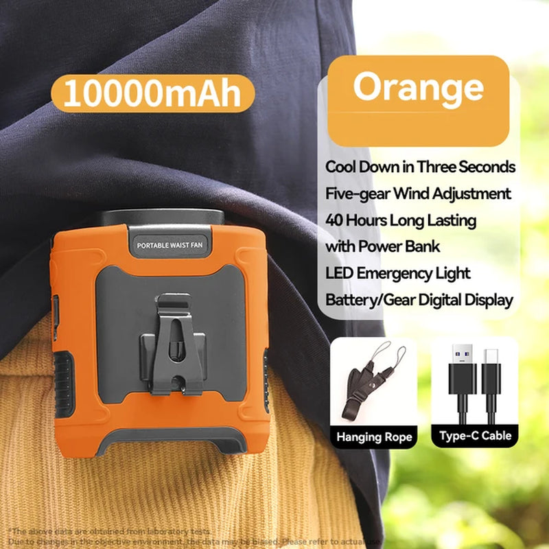 10000Mah Outdoor Portable Waist Fan Hanging Neck Fan Strong Wind with Power Bank LED Lighting for Sports Courier Outdoor Working